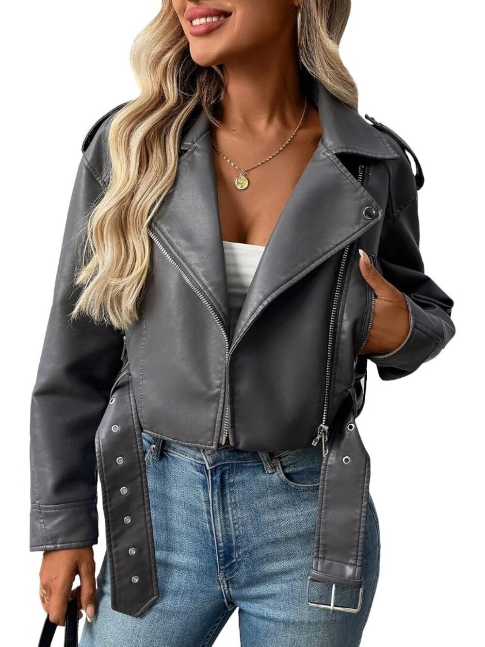 Women's Grey Long Sleeve Coat Fall Belt Faux Leather Winter Cropped Jacket